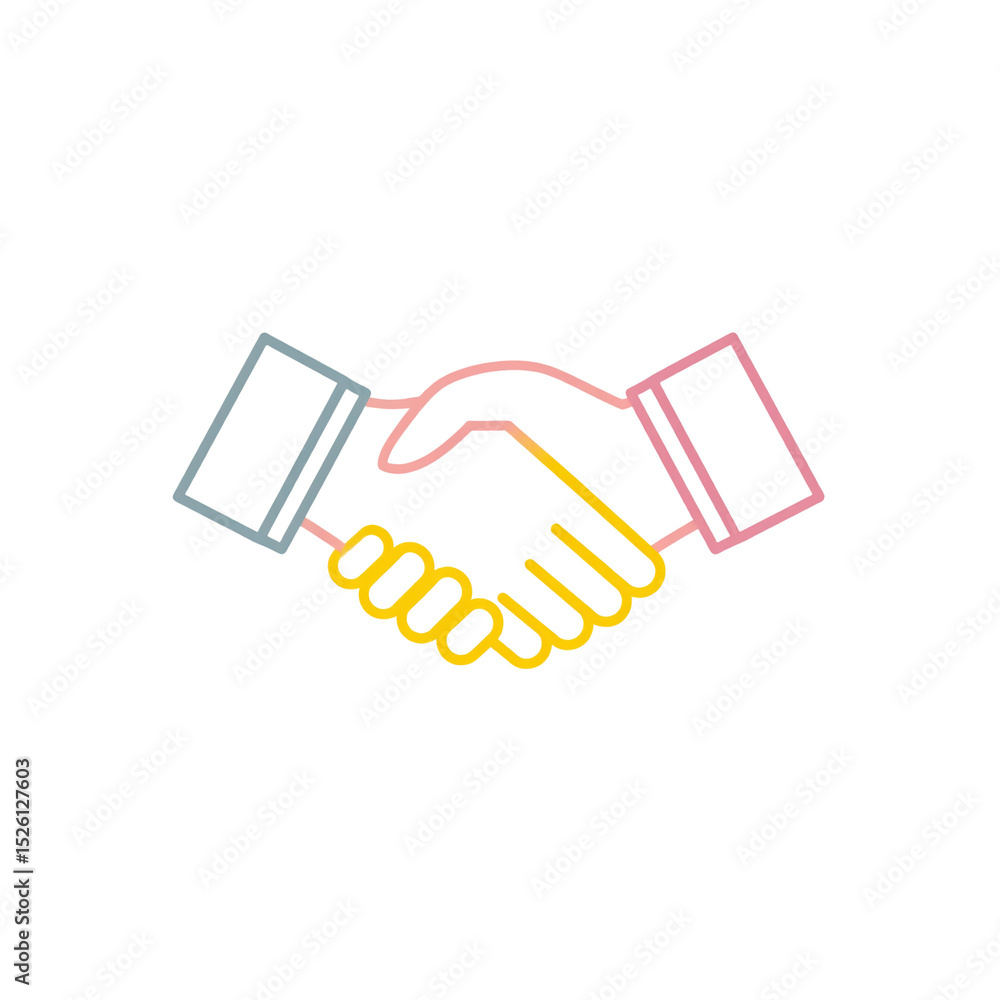 Minimalist illustration of two hands shaking, symbolizing agreement, partnership, or cooperation, with pastel outlines on a white background Minimalist illustration of two hands shaking, symbolizing agreement, partnership, or cooperation, with pastel outlines on a white background