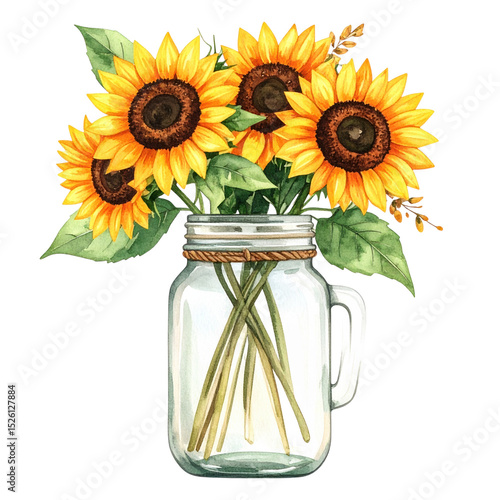 A watercolor painting of bright yellow sunflowers arranged in a clear glass jar with a rope tied around its neck, showcasing green leaves and brown centers
