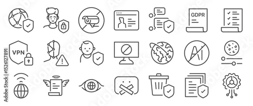 Digital rights icon set. It included GDPR, Terms, service, policy, consent and more icons. Editable Vector Stroke.