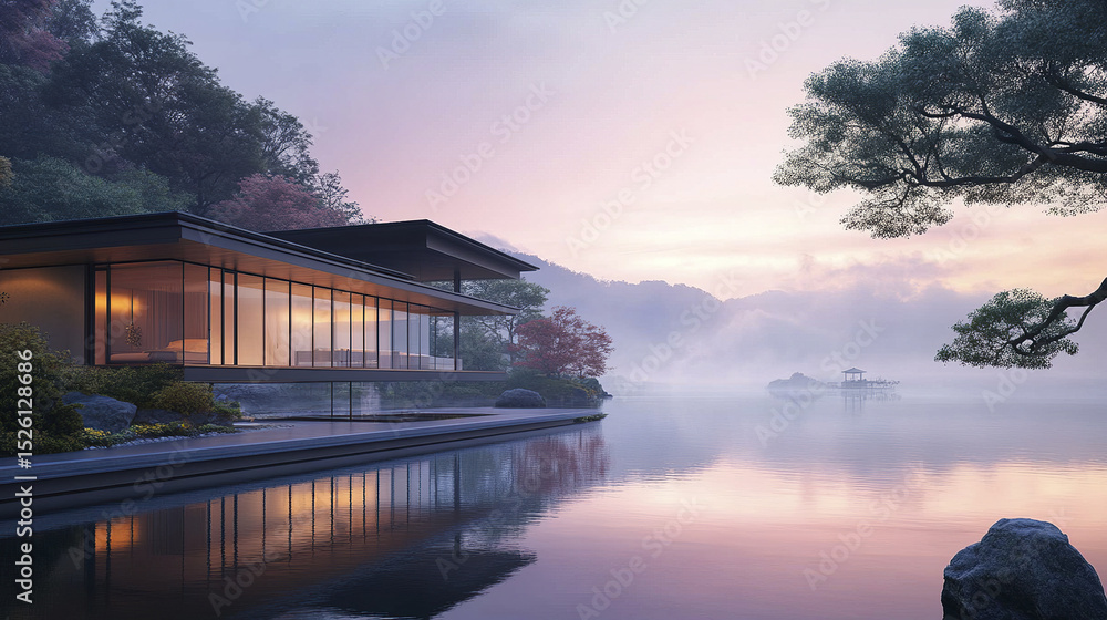 Fototapeta premium serene lakeside home with extended engawa, surrounded by nature beauty at dawn