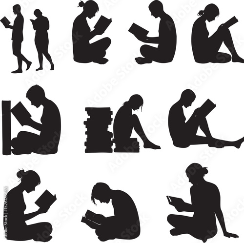 Silhouettes of diverse individuals deeply engrossed in reading books in various poses vector