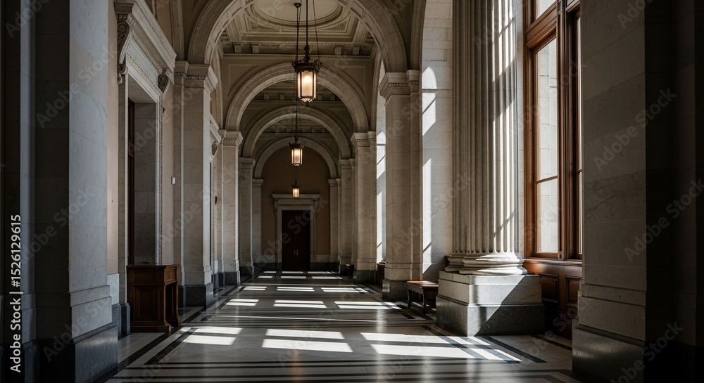 Obraz premium Sunlit Classical Hallway with Elegant Columns and Lanterns