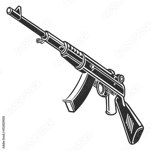 AK-47 Assault Rifle Graphic: A detailed vector illustration of an AK-47 assault rifle, showcasing its distinct features and design elements. The image is rendered in a monochromatic style.