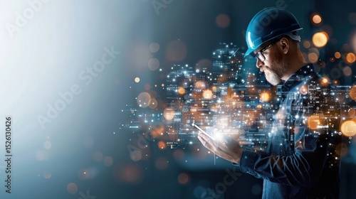 Technological advancement in industry worker engaged with digital tools modern factory corporate environment innovative insight