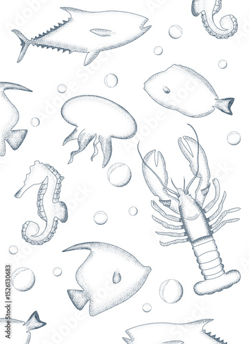 Coral fish seamless pattern with hand drawn fish types. Sea life background, ocean texture, underwater nature design.