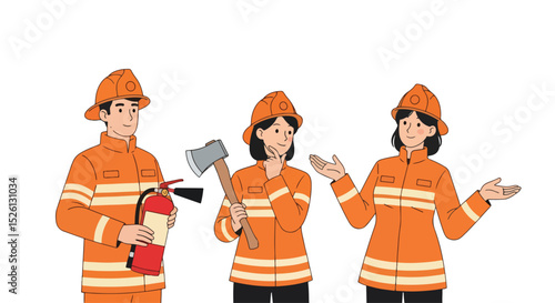 Set of Adobe Illustrator Artwork Flat vector illustration of a diverse team of firefighters. One holds an extinguisher, another an axe, and a third gestures, ready for action and safety