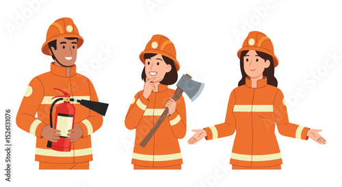 Set of Adobe Illustrator Artwork Flat vector illustration of a diverse team of firefighters. One holds an extinguisher, another an axe, and a third gestures, ready for action and safety