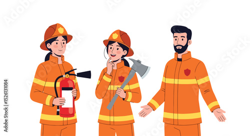 Set of Adobe Illustrator Artwork Flat vector illustration of a diverse team of firefighters. One holds an extinguisher, another an axe, and a third gestures, ready for action and safety