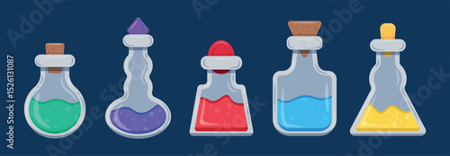 Cartoon elixir in magic phials 2D game UI icon asset. Vector sprite interface elements set. Magic bottles for witchcraft