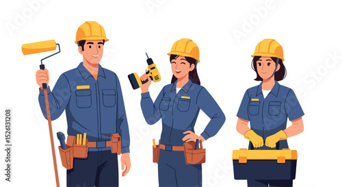 Adobe Illustrator Artwork Dynamic flat vector illustration of a diverse construction worker team.  Emphasizes skilled labor and teamwork