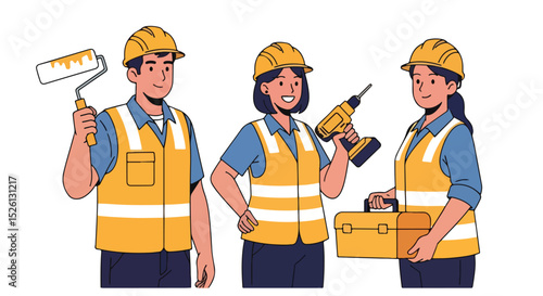 Adobe Illustrator Artwork Dynamic flat vector illustration of a diverse construction worker team.  Emphasizes skilled labor and teamwork