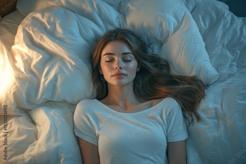 Wellness lifestyles, young woman enjoying restful sleep in clean and comfortable bed, promoting mental and physical well-being through proper rest., Generative AI Wellness lifestyles, young woman enjoying restful sleep in clean and comfortable bed, promoting mental and physical well-being through proper rest., Generative AI