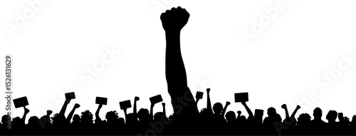 Silhouette of raised fist over crowd of protesters