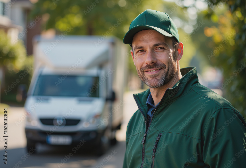 Delivery driver wearing a cap, smiling confidently in front of a delivery van Delivery driver wearing a cap, smiling confidently in front of a delivery van