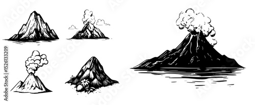 Hand drawn volcano illustrations set