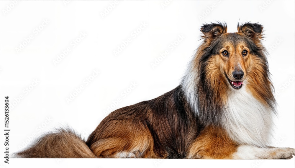 Fototapeta premium Isolated Transparent Background Sitting Photo of a Happy Sheltie Vibrant and Playful Portrait against a Blank Canvas Backdrop, Perfect for Digital Art, Home Decor, or Design Inspiration.