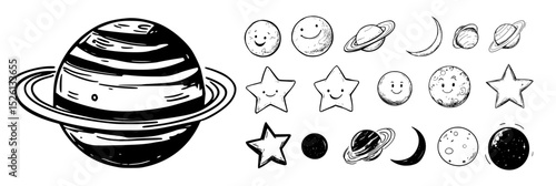 Cute planets stars and moons set illustration