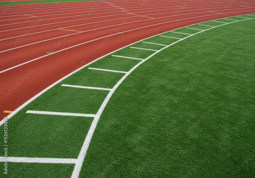 Obraz premium Running track with red lanes and green turf with white markings