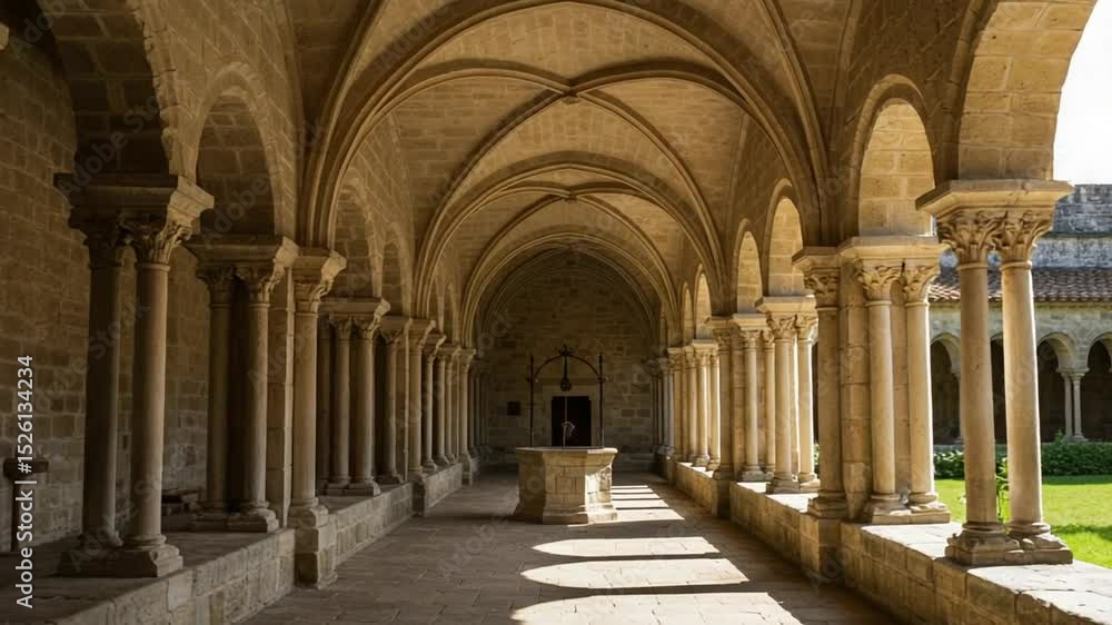 Serene Cloister with Arched Walkway and Lush Greenery Serene Cloister with Arched Walkway and Lush Greenery