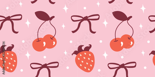 Cute coquette bows and berries seamless pattern. Trendy vintage girly background. Line vector illustration.