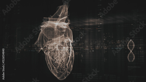 Futuristic biomedical concept with advanced holographic scanning and HUD analyzing a patient’s heart using 3D holograms, AR, and real-time medical imaging for cardiac diagnostics