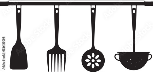 A versatile set of isolated kitchen cooking utensils, including a spoon, fork, and spatula, displayed on a clean white background