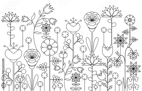 Black vector flowers silhouettes background. Simple black flowers isolated on white background. Outline graphic floral elements. Border, wallpaper, poster template design.	