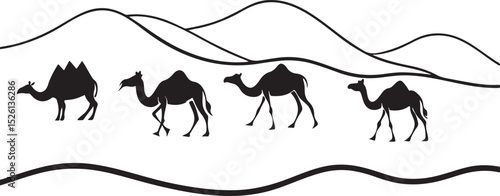 Mountain landscape vector illustration with a galloping horse silhouette, capturing the wild speed of an equine sport