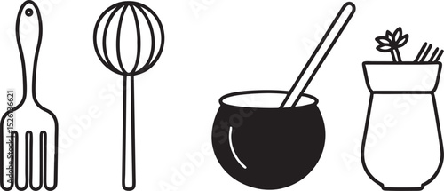 Coffee drink in a cup with a hot steaming spoon and vector illustration of a fork