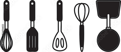 Isolated set of metal and plastic kitchen cooking utensils including spoons, forks, spatulas, knives, and ladles