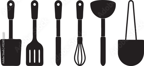 Isolated black and stainless steel kitchen knife and utensil set with spoon, fork, spatula, and whisk