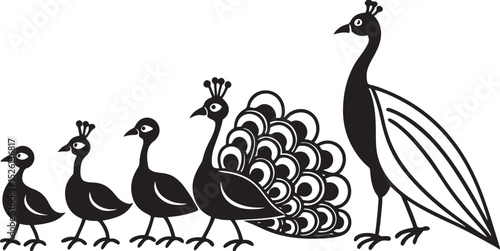 Black and white vector illustration of a peacock, a majestic bird with an elaborate feather wing, perfect for nature and wildlife designs