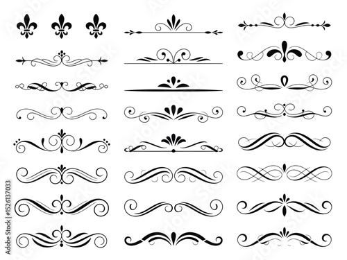 Ornate Dividers and Fleur De Lis, Black Decorative Elements on Transparent Background