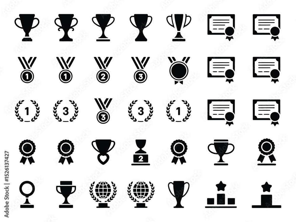 Assorted Trophy Cup, Medal, Ribbon, Laurel, Globe and Certificate Icons Isolated Assorted Trophy Cup, Medal, Ribbon, Laurel, Globe and Certificate Icons Isolated
