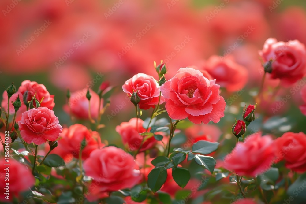 Vibrant red roses in full bloom create a stunning landscape filled with color and fragrance during the warm season Vibrant red roses in full bloom create a stunning landscape filled with color and fragrance during the warm season