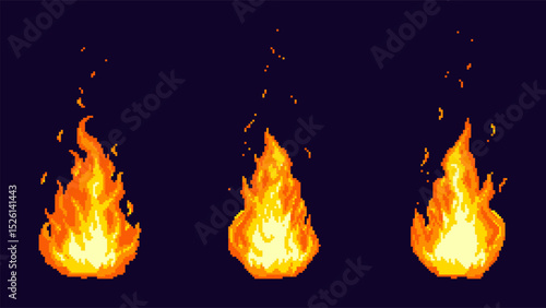 Set of pixel art fire flames. Vector illustration with glowing orange and yellow tones. Stylized sprite sheet for retro video game design.