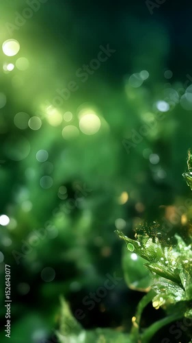 Abstract background featuring a lush green plant with water droplets catching the light, creating a dreamy and ethereal bokeh effect in nature.