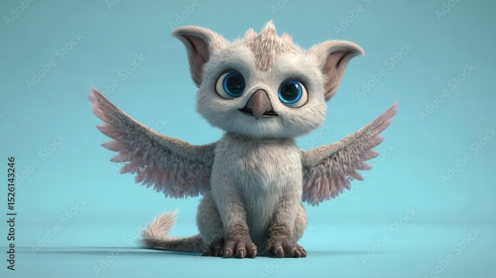 Fototapeta premium Cute, fluffy creature with large eyes and wings.
