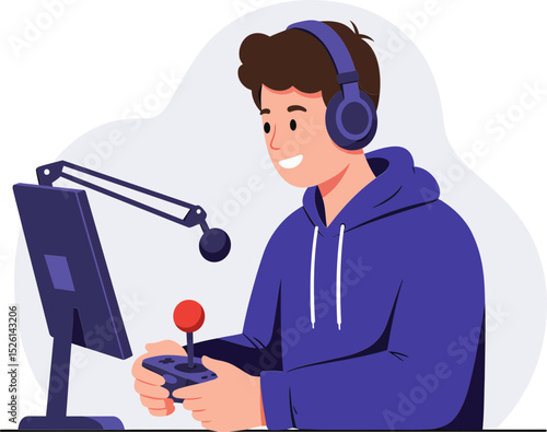 A friendly cartoon illustration of a young man wearing headphones and a hoodie, actively playing a video game.