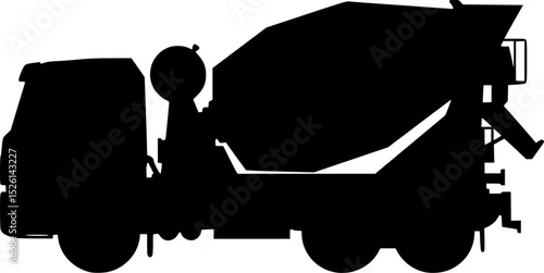 a black and white silhouette of a cement truck with a cement mixer, truck