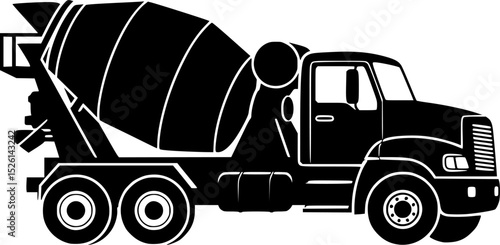 a black and white silhouette of a cement truck with a cement mixer, truck