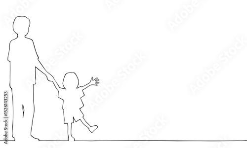 手をつなぐ親子（父と子）の線画イラスト