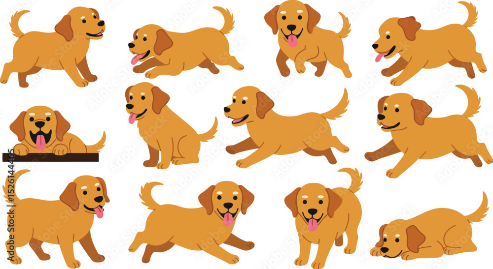 Obraz premium Puppy Cartoon. Happy Cartoon Dog Pattern Golden Puppies Running and Lying Down on White Background