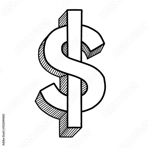 Print3D dollar sign outline vector illustration, hand drawn dollar sign currency symbol money sketch. US dollar sign art