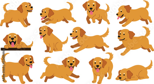 Puppy Cartoon. Happy Cartoon Dog Pattern Golden Puppies Running and Lying Down on White Background