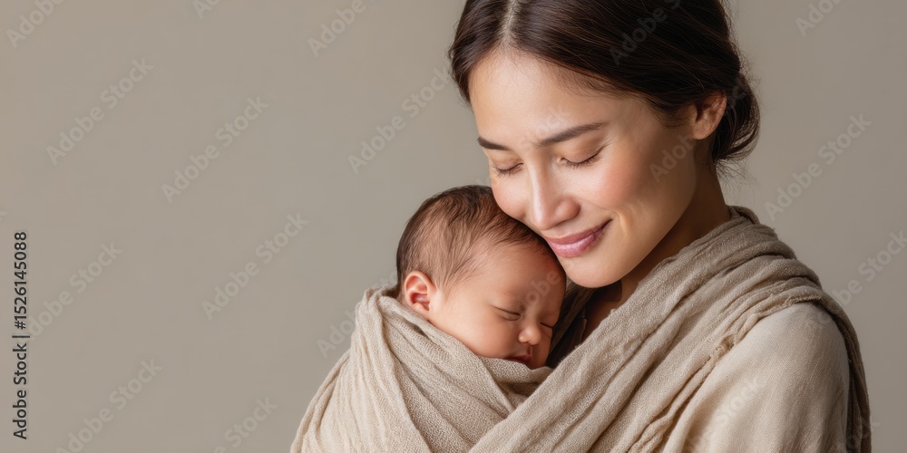 Tender Moment Young Mother Wearing Textured Wrap Holding Newborn Baby Close, Soft Neutral Tones for Modern Maternity Branding and Wellness Content Tender Moment Young Mother Wearing Textured Wrap Holding Newborn Baby Close, Soft Neutral Tones for Modern Maternity Branding and Wellness Content