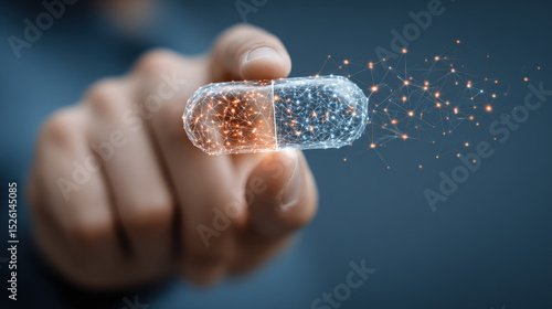 A hand holds a digital, futuristic capsule with glowing network connections, symbolizing advanced technology in medicine.