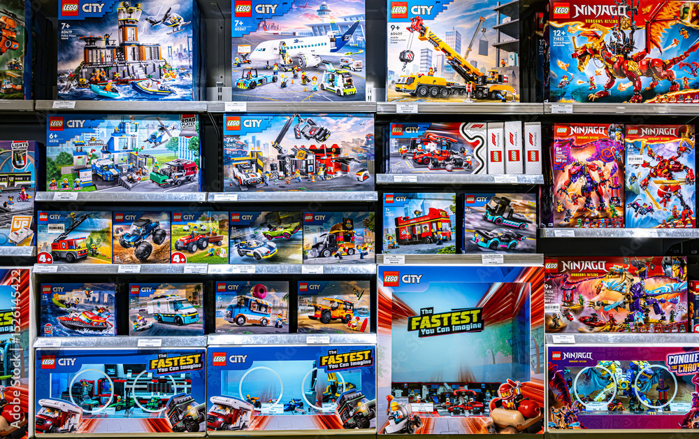 Obraz premium Sets of Lego construction toys displayed on store shelves
