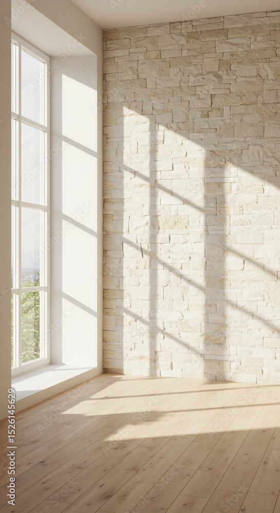 Fototapeta premium Sunlit Empty Room with Stone Wall, Large Window, and Light Wood Floor: Modern Interior Design