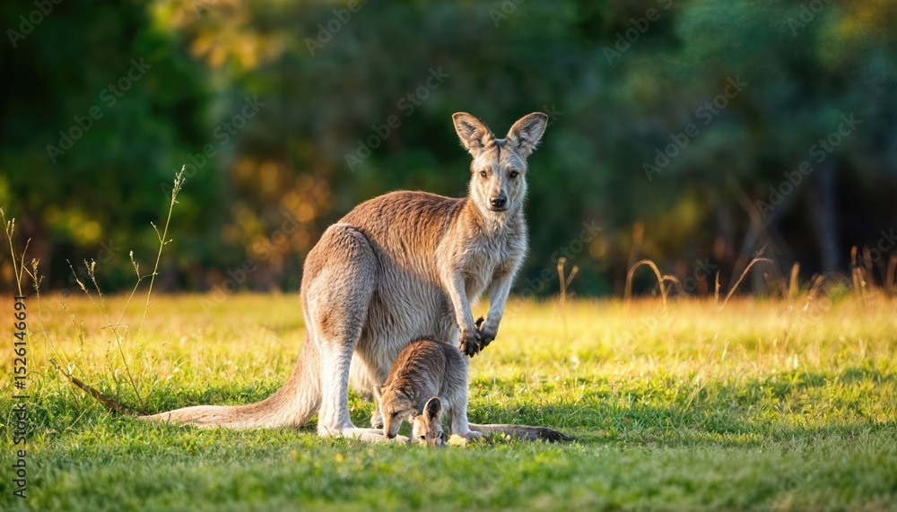 Eastern Grey Kangaroo and Joey on Meadow Adorable Moment Captured in a Lush Green Landscape, Showcasing the Cute Duos Innocence and Playfulness. Eastern Grey Kangaroo and Joey on Meadow Adorable Moment Captured in a Lush Green Landscape, Showcasing the Cute Duos Innocence and Playfulness.